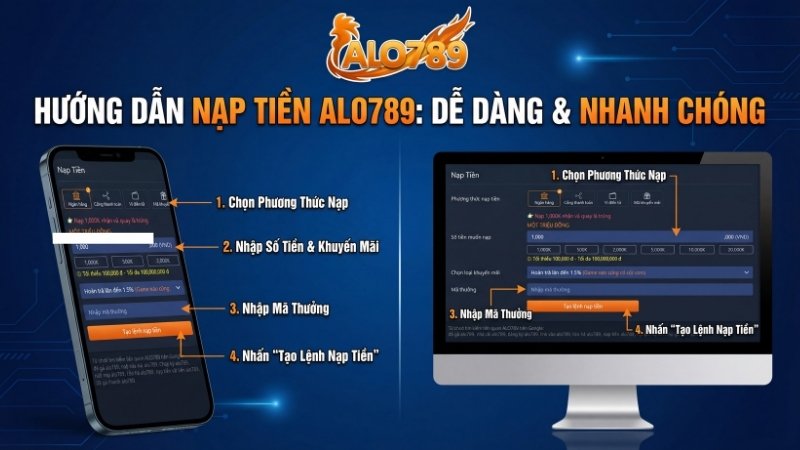 Giao diện nạp tiền ALO789 trên điện thoại và máy tính