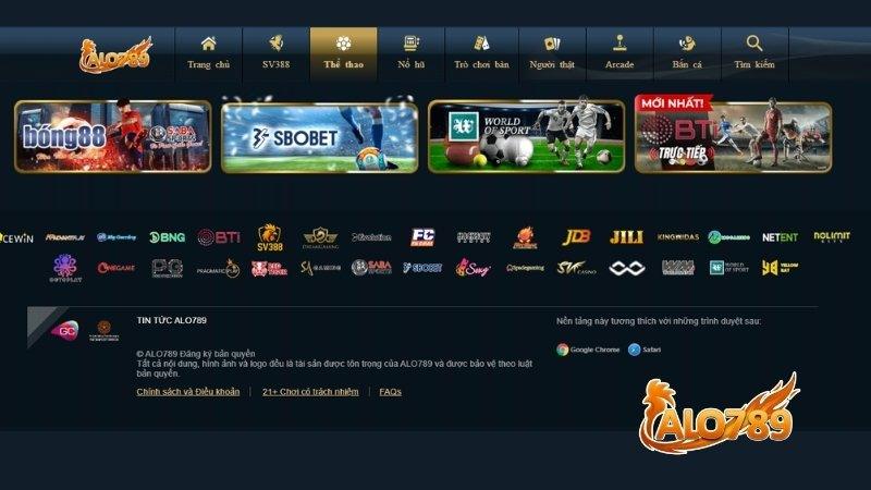 Giao diện sảnh Thể Thao ALO789 tích hợp đa dạng nhà cung cấp, mang lại nhiều sự lựa chọn cho người chơi.